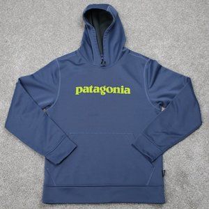 Patagonia Hoodie Mens XS Blue/Lime Polyester L/S Hooded Sweatshirt Pullover